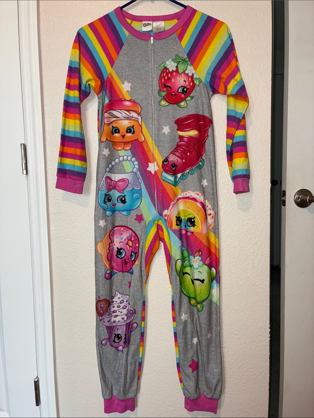 Shopkins Rainbow Stripe Grey One-Piece Pajamas - Pink/Yellow/Blue/Green